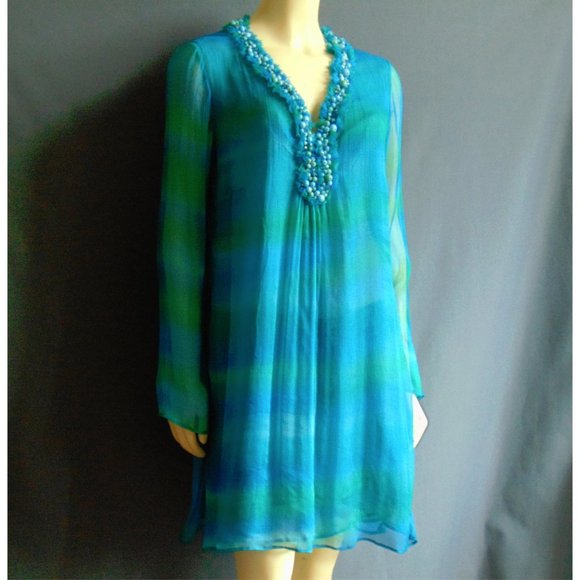 Dana Buchman Dresses & Skirts - Dana Buchman Silk Aqua Beaded Tunic Dress 12